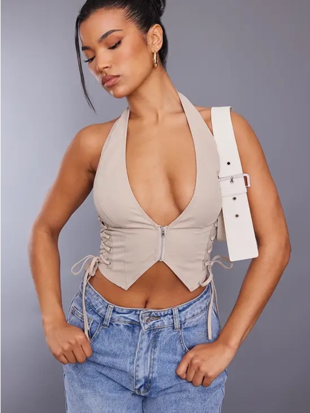 PrettyLittleThing Beige Halter Lace-Up Zip Crop Top